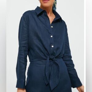 TuckerNuck Women's Long Sleeve Linen Tie-Front Rebecca Shirt NC3 Navy Small NEW